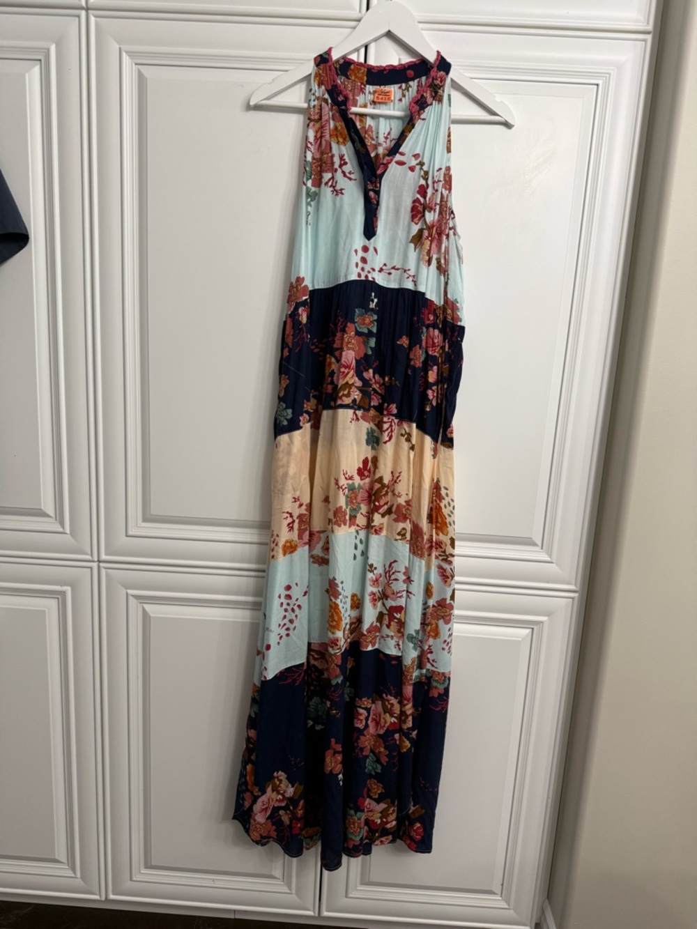 Lula Soul Sz Medium Sleeveless Floral Panel Maxi Dress in Blue Hues & Cream Boho
